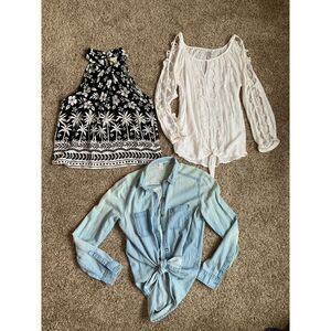 Lot of 3 Piece Summer Bundle Light Denim‎ Shirt Tropical Top White Boho Blouse